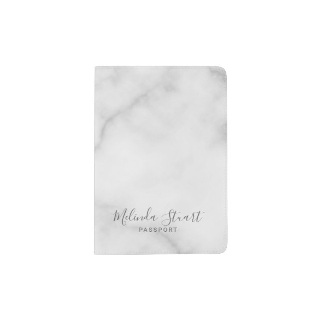 Professional Modern Script White Marble Passport Holder (Front)
