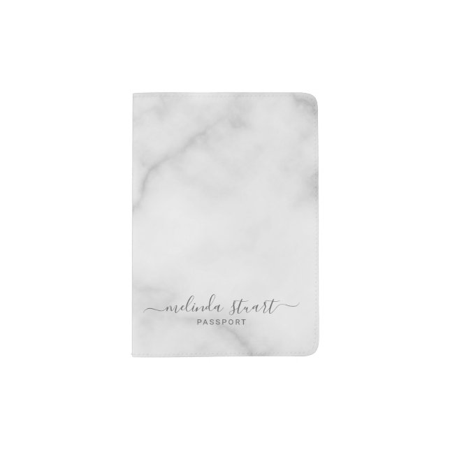 Professional Modern Script White Marble Passport Holder (Front)