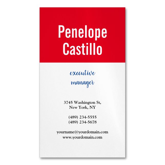 Professional Modern Simple Plain Blue Red White Business Card Magnet (Front Vertical)