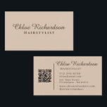 Professional Modern Soft Beige Typography QR Code Business Card<br><div class="desc">Elegant and professional, this minimalist hairstylist business card design features a soft beige background with classic black typography. The front showcases the name in a graceful script font paired with a clean sans-serif subtitle for “Hairstylist.” The back includes a QR code for quick access to your website or portfolio, along...</div>