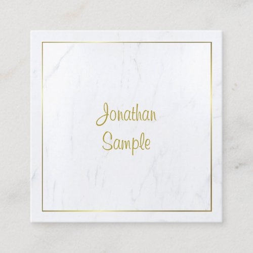 Professional Modern White Marble Gold Script Luxe Square Business Card