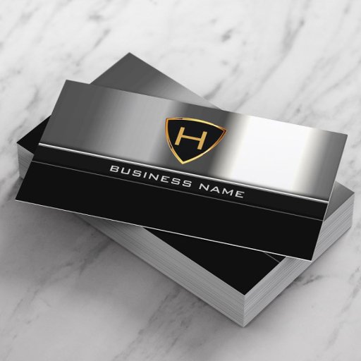 Customizable Professional Monogram Gold Shield Steel Metal Business Card