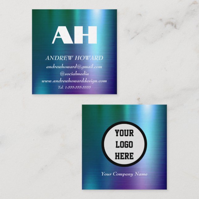 Professional Monogram Logo Blue Metallic Square Business Card (Front/Back)