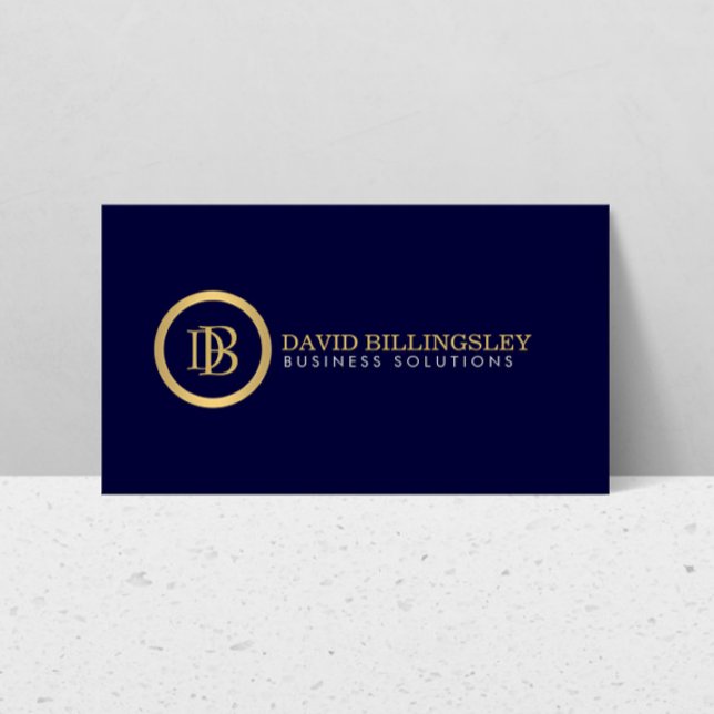 Professional Monogram Logo in Faux Gold Navy Blue Business Card (Creator Uploaded)