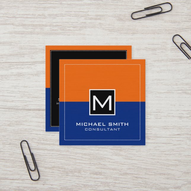 Professional Monogram Modern Dark Blue Orange Square Business Card (Front/Back In Situ)