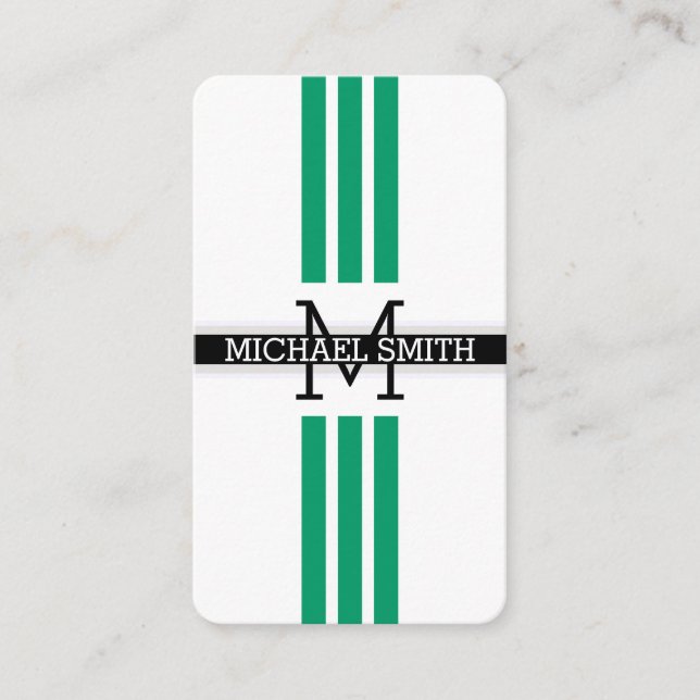 Professional Monogram Modern Green-cyan Stripes Business Card (Front)