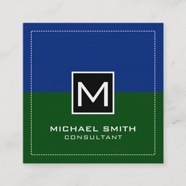 Professional Monogram Modern Green Dark Blue Square Business Card (Front)