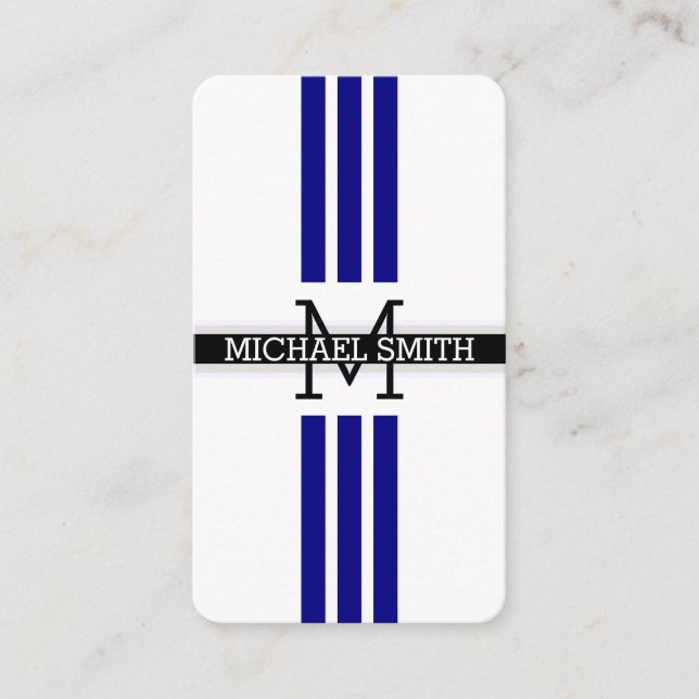 Professional Monogram Modern Navy Stripes Business Card (Front)