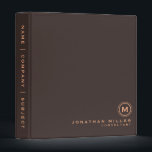 Professional Monogram Name & Title | Brown 3 Ring Binder<br><div class="desc">Modern professional binder features a minimal design in a brown color palette with complimentary neutral accents. Custom name and title presented in the lower right hand corner in modern font with a complimentary minimalistic monogram medallion. Shown with a custom name, title and monogram initial on the front in modern typography,...</div>