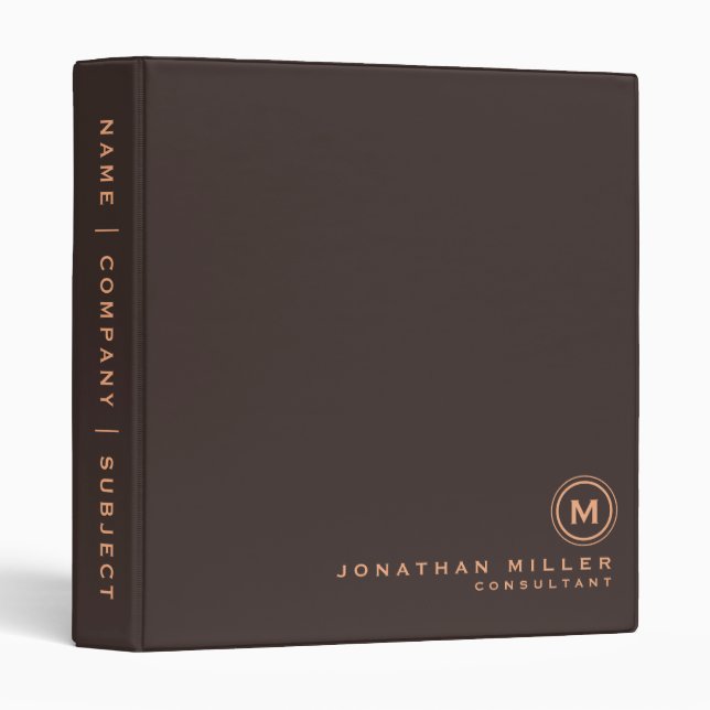 Professional Monogram Name & Title | Brown 3 Ring Binder (Front/Spine)