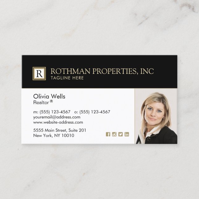 Professional Monogram Real Estate Agent  Photo Bus Business Card (Front)