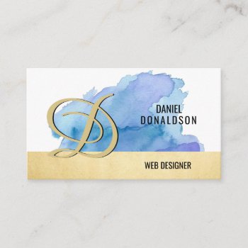 Professional Monogrammed Gold Blue Watercolor Business Card by MonogrammedShop at Zazzle