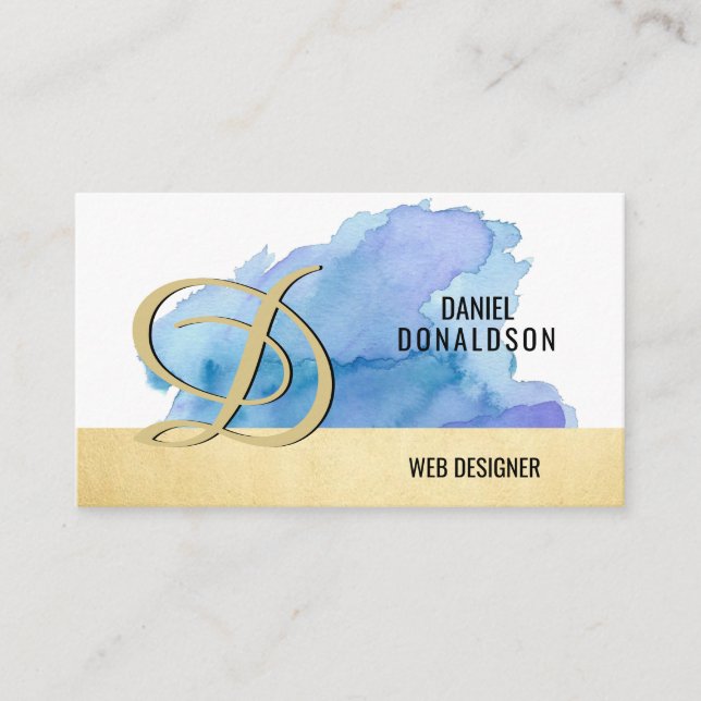 Professional Monogrammed Gold Blue Watercolor Business Card (Front)