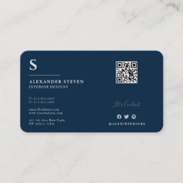 Professional Monogrammed QR Planin Navy Blue Business Card
