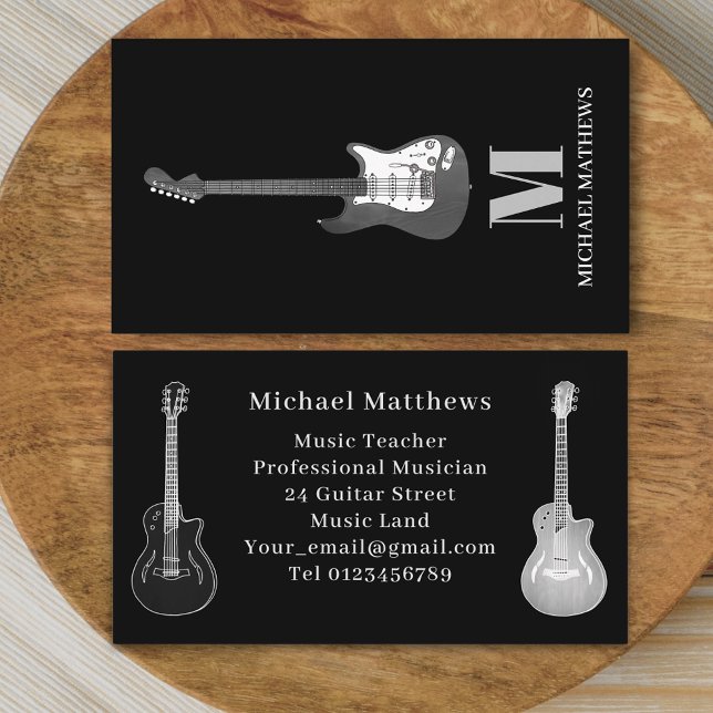 Professional Musician Guitar Music Teacher  Business Card (Modern Guitar music tutor professional musician black gray Business card simple minimalist design)