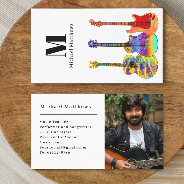 Professional Musician Guitar Music Teacher Photo Business Card (Modern guitar music teacher professional musician photo Business card Colorful guitar art)