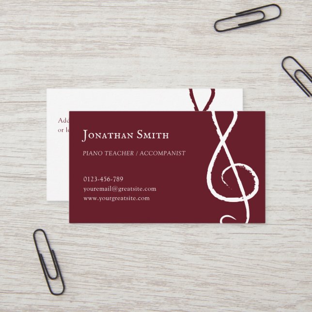 Professional Musician Treble Clef Modern Burgundy Business Card (Front/Back In Situ)