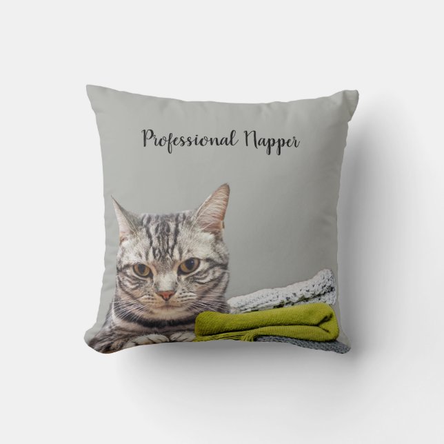 Professional Napper Cat Throw Pillow (Front)
