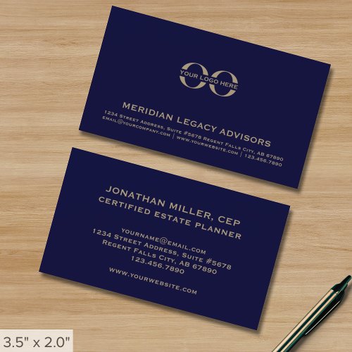 Professional Navy Blue and Gold Logo Business Card
