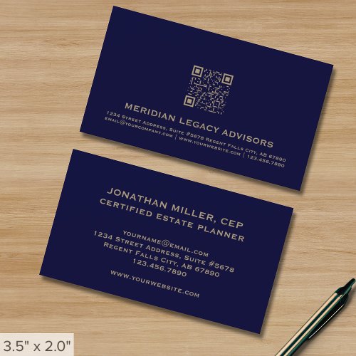 Professional Navy Blue and Gold QR Code Business Card