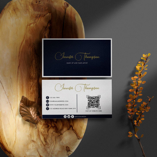 Professional Navy Blue and Gold Script QR Code Business Card