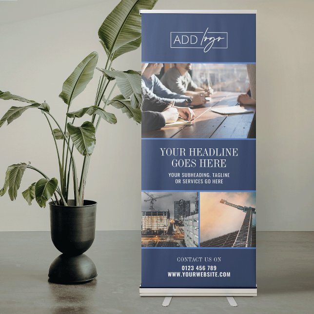 Professional Navy Blue Business Logo Photo Collage Retractable Banner (Navy blue marketing banner for business with your custom logo, text and photo collage)