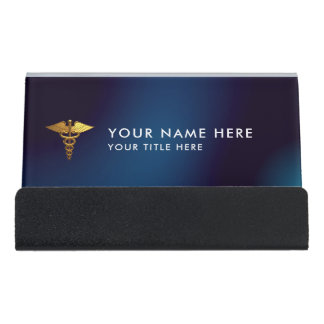 Professional Navy Blue Gold Caduceus Medical  Desk Business Card Holder