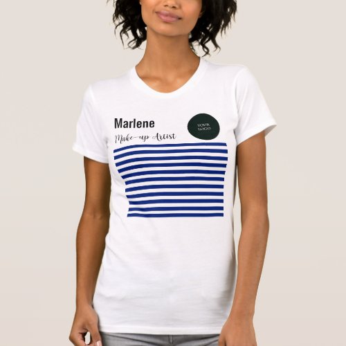 Professional Navy Blue  White Stripes with Logo T_Shirt