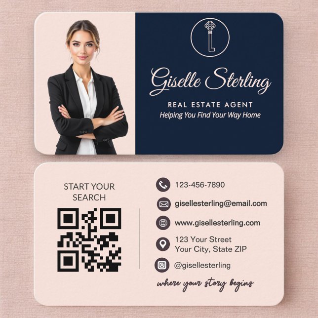 Professional Navy Blush Real Estate Business Card (Creator Uploaded)