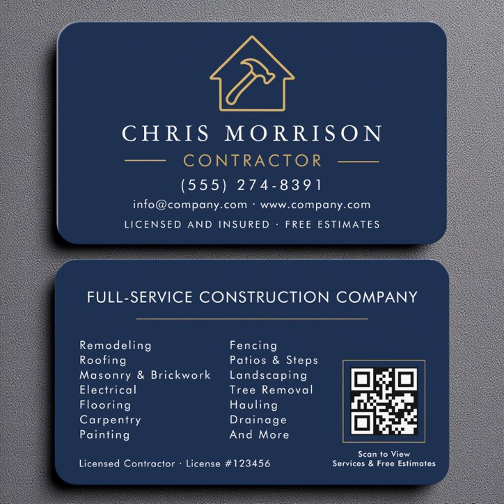 Professional Navy Gold Building Contractor QR Code Business Card