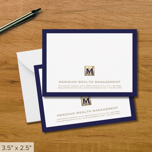 Professional Navy Gold Monogram Branded Note Card