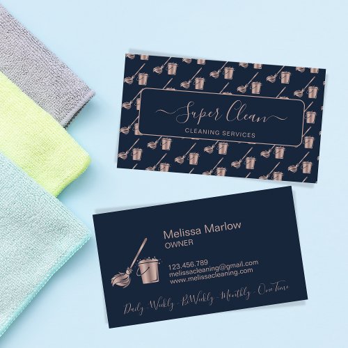 Professional Navy Rose Gold House Cleaning Maid Business Card