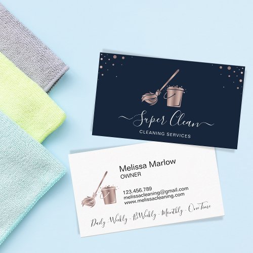Professional Navy Rose Gold House Cleaning Maid Business Card