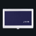 Professional Navy & White Classic Monogram Business Card Case<br><div class="desc">Professional business card holder features sleek minimalist design in a classic navy blue and white color palette. Custom monogram initials presented on a simple black background; positioned lower right hand corner. Shown with personalized monogram initials in a simple classic modern font, this executive business card holder is designed as a...</div>