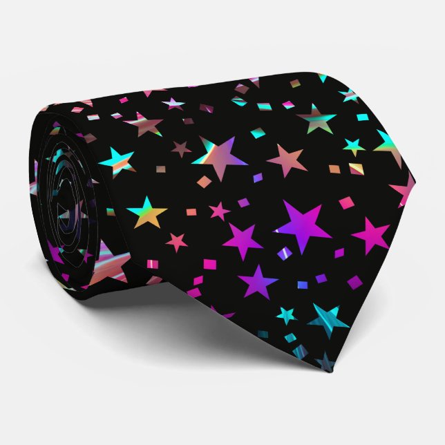 Professional Neon Pink Purple Blue Stars Black Neck Tie (Rolled)