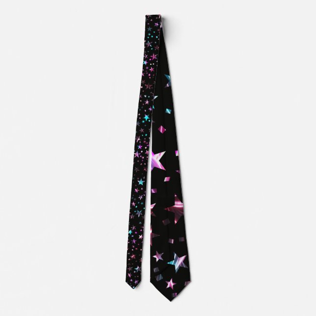 Professional Neon Pink Turquoise Blue Stars Black Neck Tie (Back)