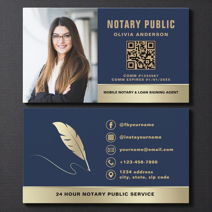 Professional Notary Public Navy Blue Gold Photo Business Card