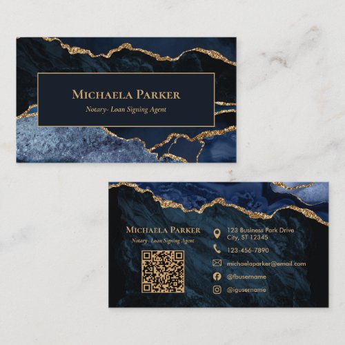 Professional Notary Public Navy Blue Gold QR Code  Business Card