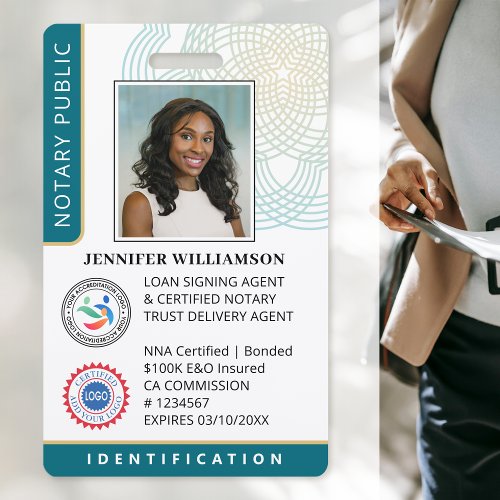 Professional Notary Public Photo QR Code ID Teal Badge