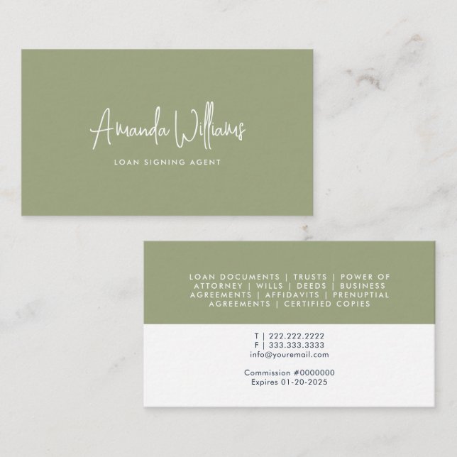 Professional Notary Signing Agent Lime Business Card (Front/Back)