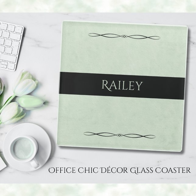 Professional Office Desk Sage Green Monogram Glass Coaster (Upgrade your office space with a touch of professional elegance)