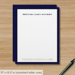 Professional Office Navy Blue Border Letterhead<br><div class="desc">Make a strong impression with our Professional Office Letterhead. This letterhead design features a solid navy blue background with your company name and contact information stylishly presented in navy blue and golden classic typography. Each sheet exudes professionalism and sophistication, making it perfect for official correspondence or important business documents. Elevate...</div>