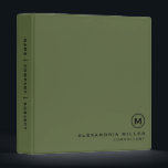 Professional Olive Green Monogram 3 Ring Binder<br><div class="desc">Modern professional binder features a minimal design in a stylish olive green and black color palette. Custom name presented in the lower right-hand corner in stylish simple font with a complimentary minimal monogram medallion. Shown with a custom name and monogram initial on the front in modern typography, this personalized business...</div>