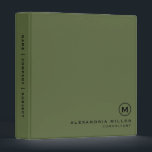 Professional Olive Green Monogram 3 Ring Binder<br><div class="desc">Modern professional binder features a minimal design in a stylish olive green and black color palette. Custom name presented in the lower right-hand corner in stylish simple font with a complimentary minimal monogram medallion. Shown with a custom name and monogram initial on the front in modern typography, this personalized business...</div>