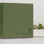 Professional Olive Monogram Initial 3 Ring Binder<br><div class="desc">Modern professional binder features a minimal design in a olive green color palette with black accents. Custom name presented in the lower right hand corner in stylish simple font with a complimentary minimal monogram medallion. Shown with a personalized name and monogram initial on the front in modern typography, this monogrammed...</div>