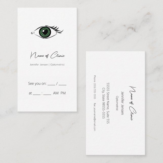 Professional Optometrist Green Heart Eye Reminder Business Card (Front/Back)