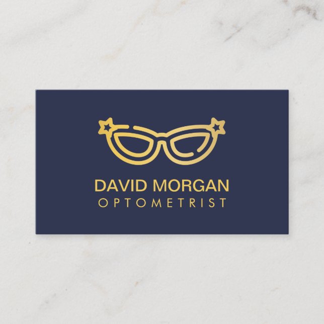 Professional Optometry Gold Glasses Logo Navy Business Card (Front)