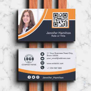 Professional Orange add your Logo QR Code Photo Business Card