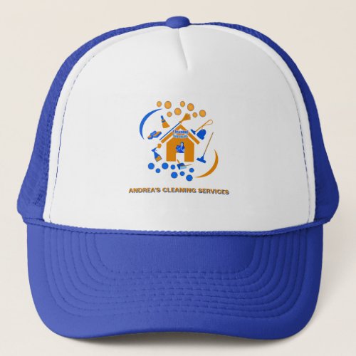Professional Orange  Blue Cleaning Services Logo Trucker Hat