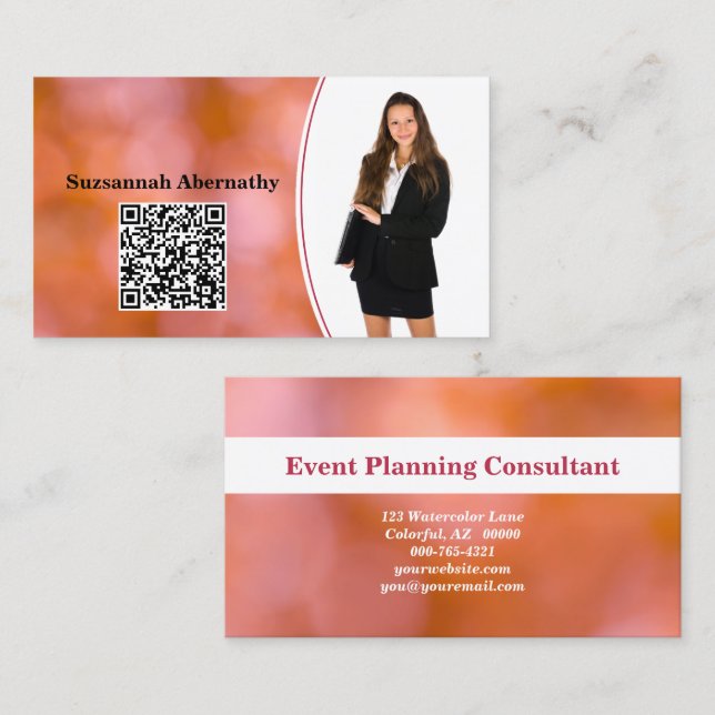 Professional Orange Bokeh Blur Custom Photo QR Business Card (Front/Back)